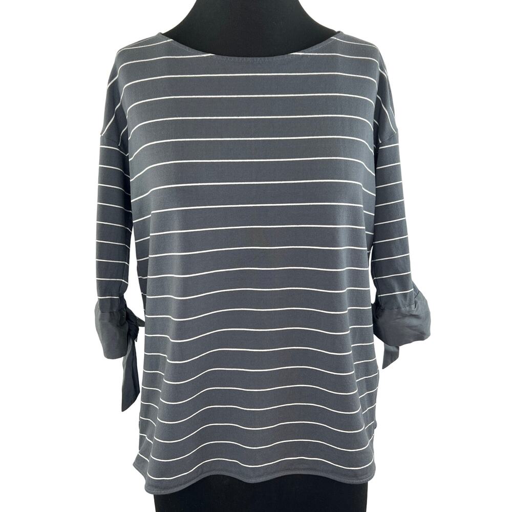 Lafayette 148 Gray White Stripe 3/4 Sleeve Tie Cuff Crewneck Top Blouse Medium M
